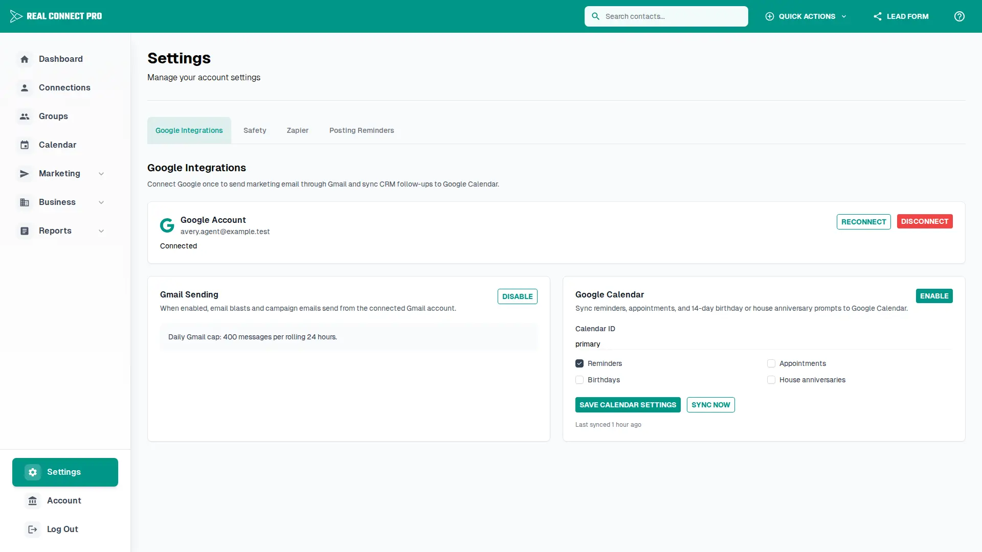 Settings page showing Google integration controls.