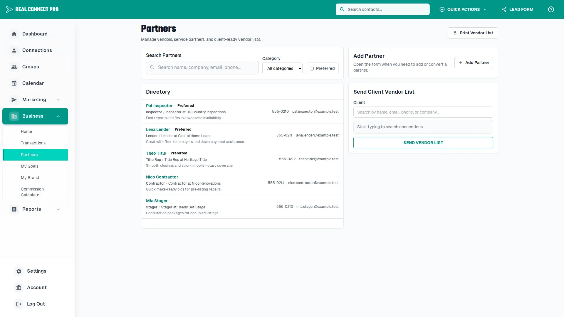 Partner directory page for managing real estate vendors and client vendor lists.