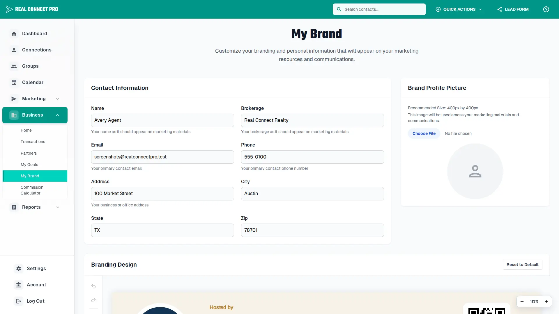 Brand management page for profile and brokerage branding details.