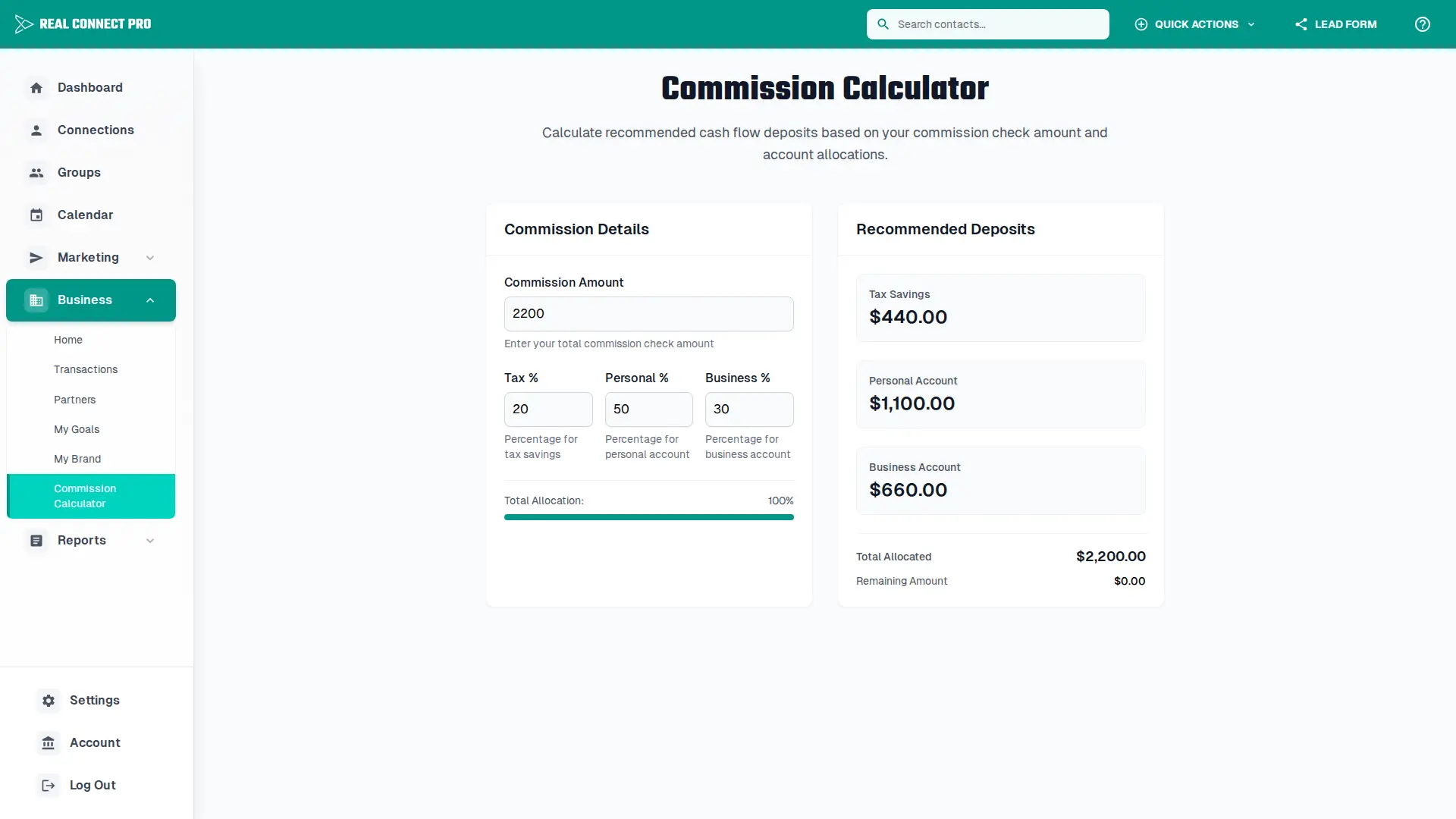 Commission calculator page with inputs and projected commission results.