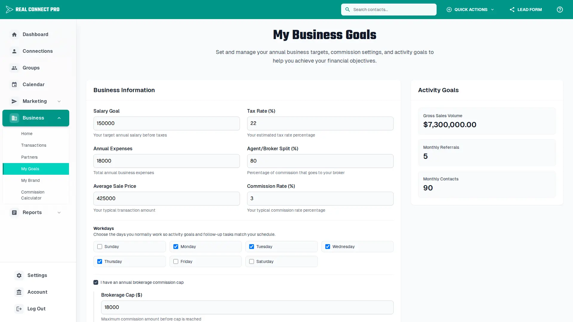Business goals page for configuring income and activity targets.