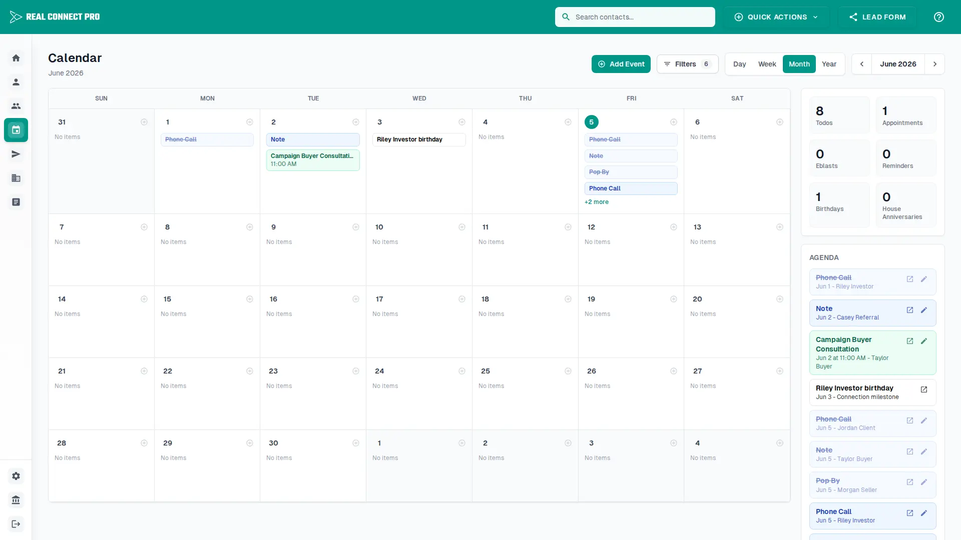 Calendar month view with controls for adding events, filtering items, and changing views.
