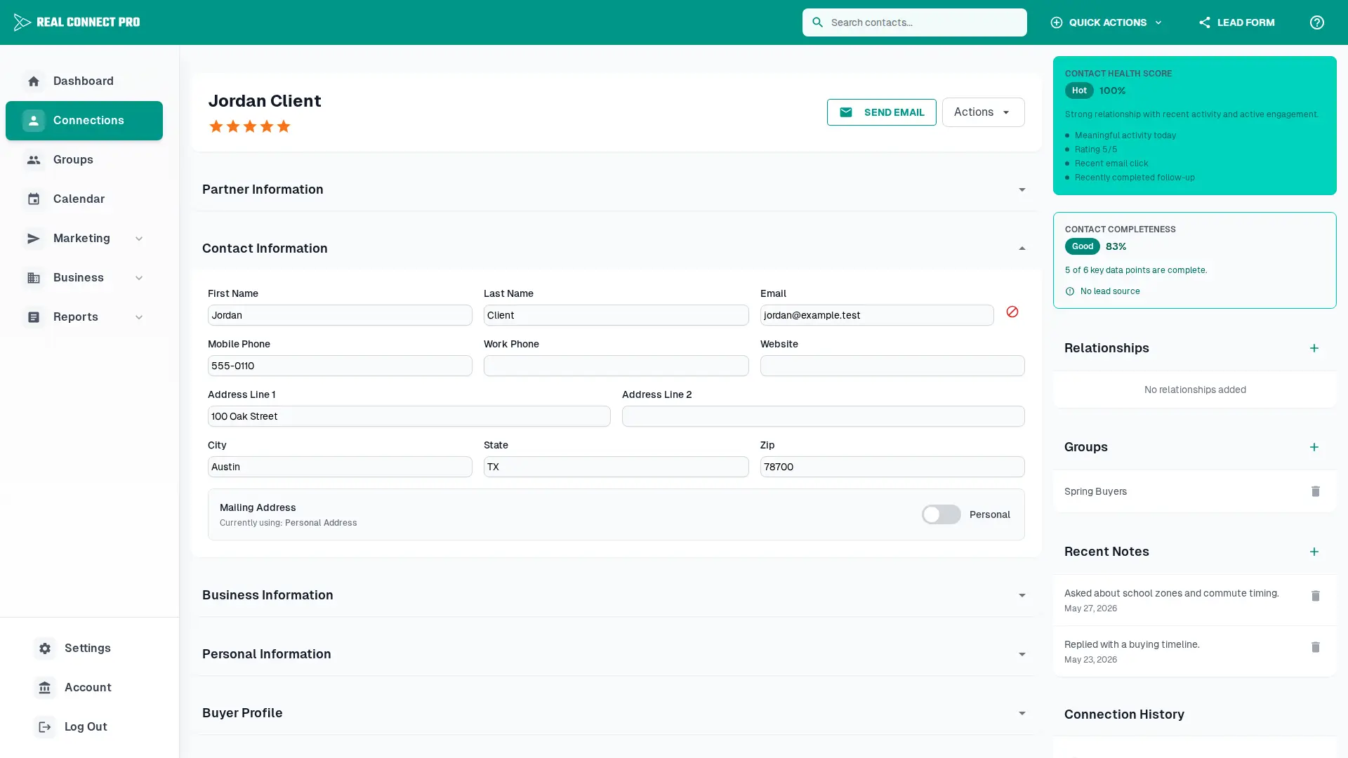 Connection detail page with contact, relationship, and follow-up fields.