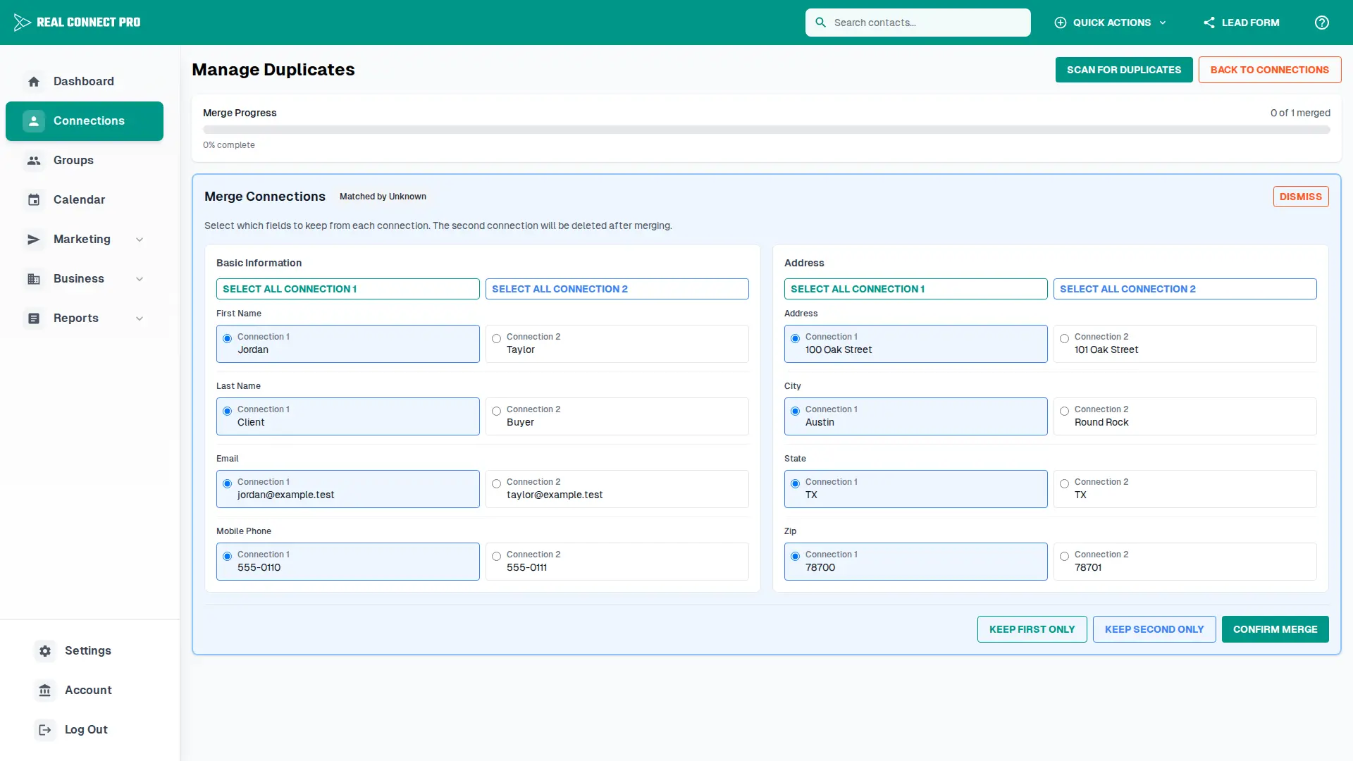 Duplicate management page for reviewing possible duplicate contacts.