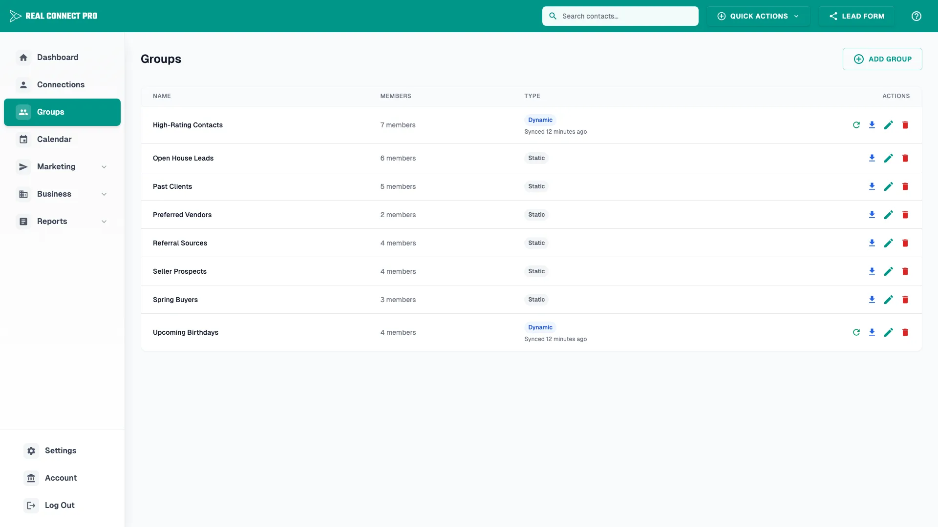 Groups page for organizing connections into audiences.