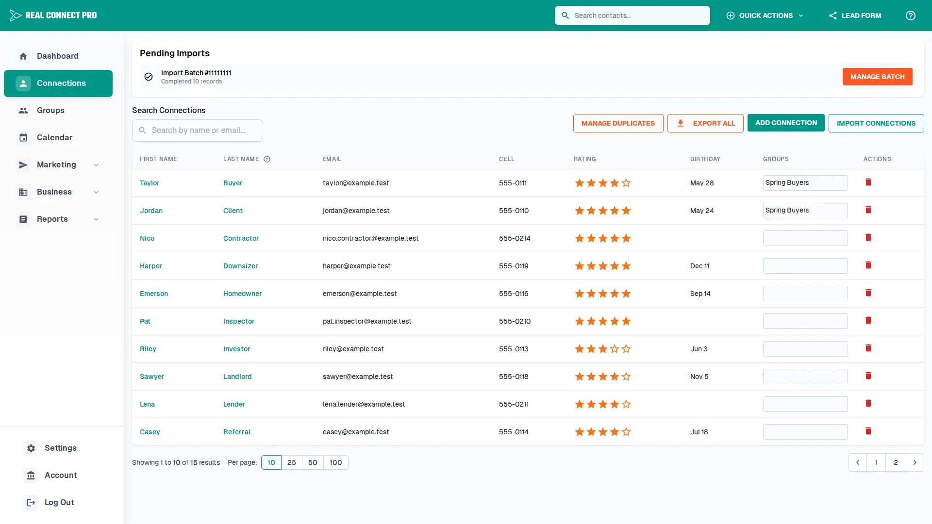 Connections page showing searchable contact records.