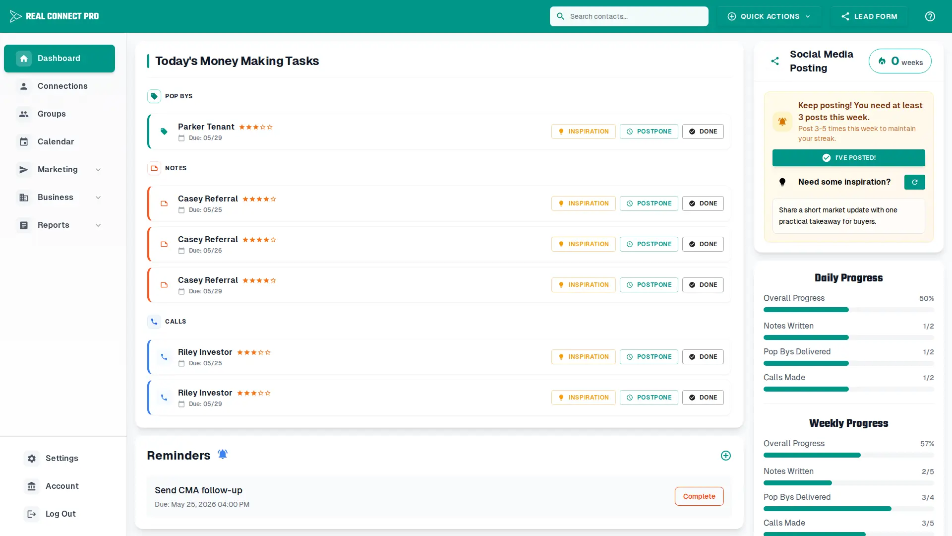 Dashboard showing today's money making tasks and progress.
