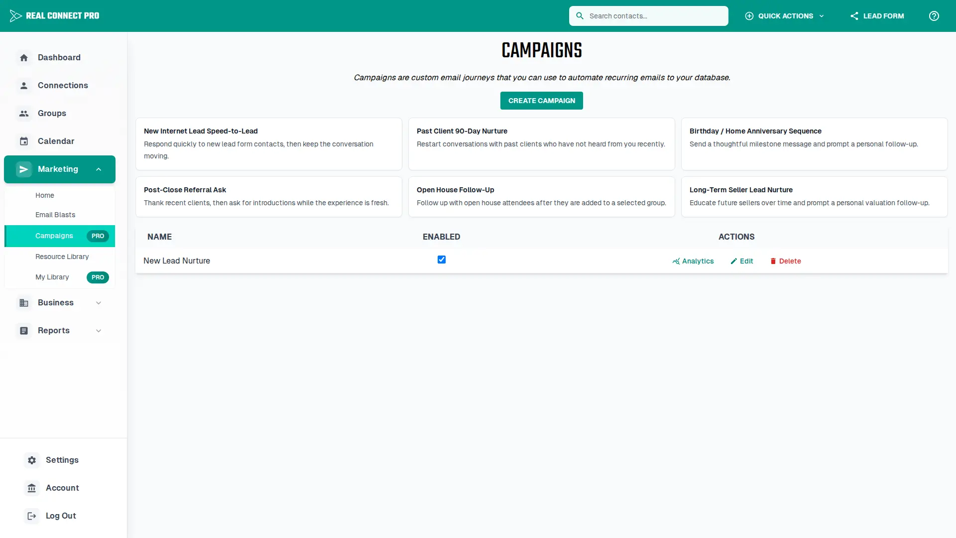 Campaigns page showing automated marketing campaigns.