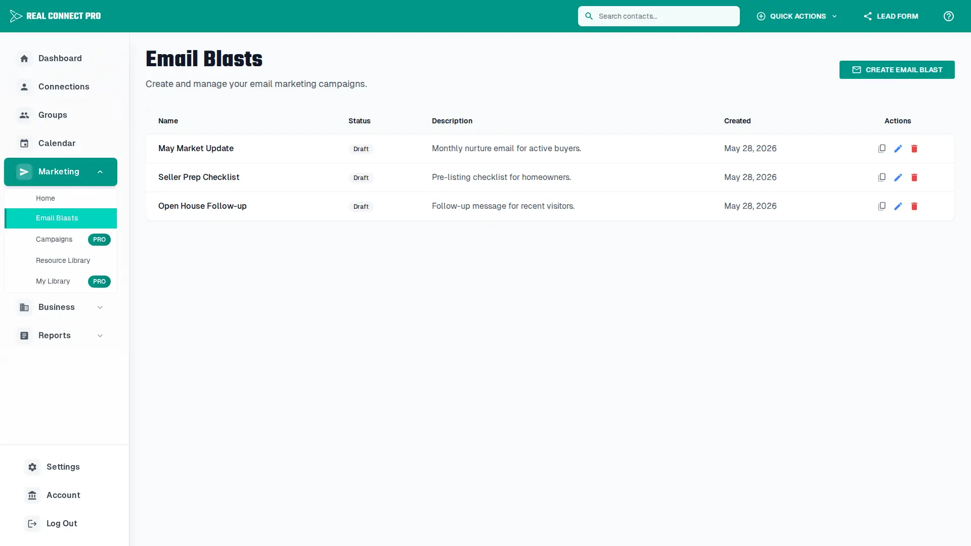 Email blasts page listing saved and scheduled messages.