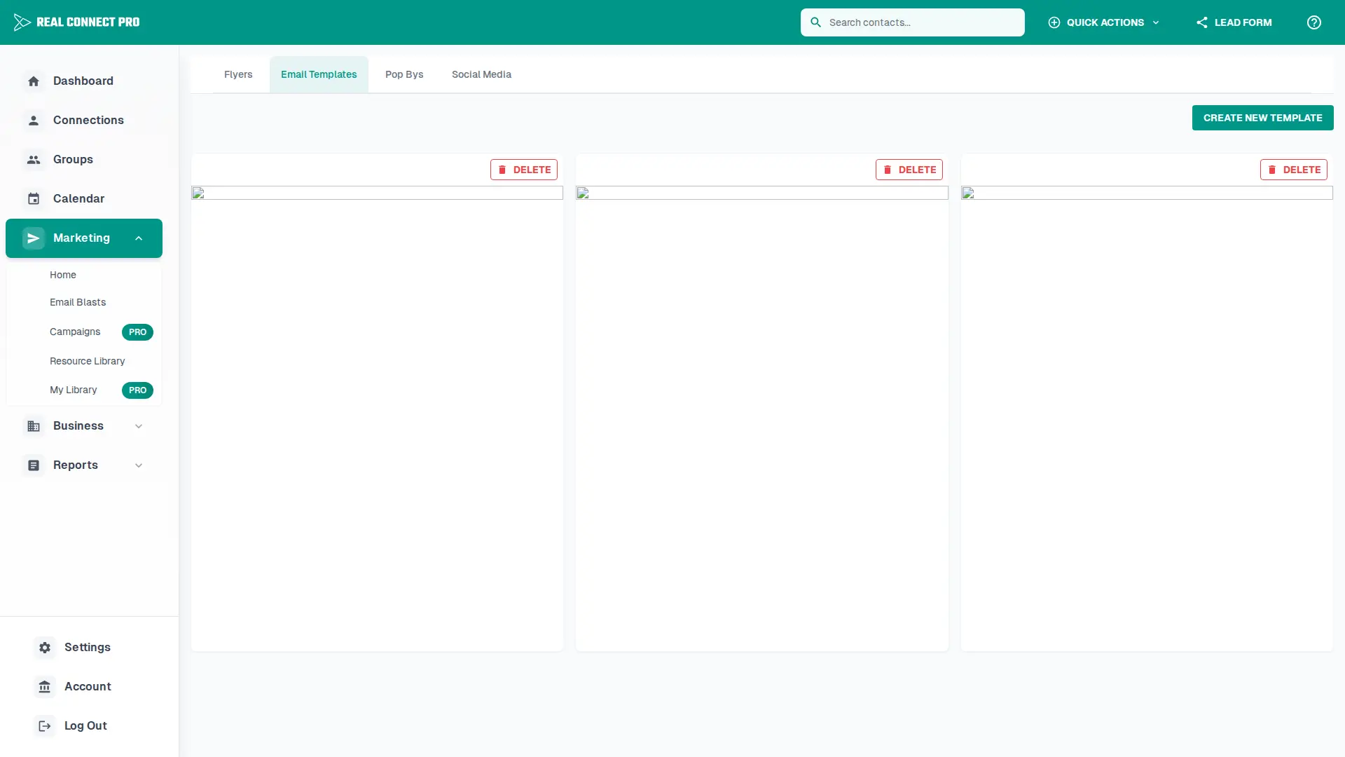 My Library page showing saved marketing templates.
