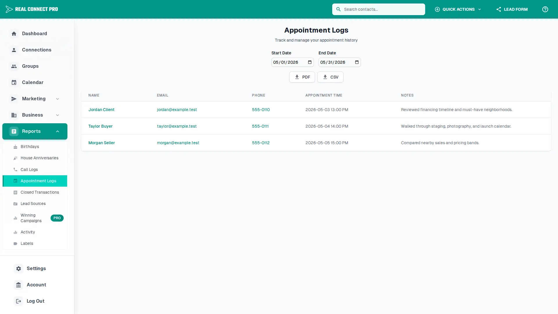 Appointment logs report showing scheduled client appointments.