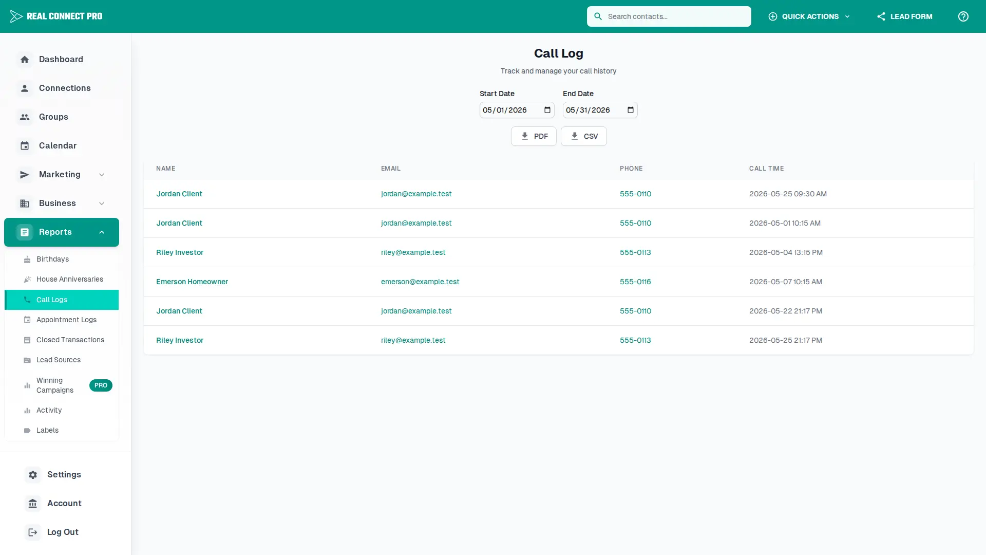 Call log report showing completed phone call activity.