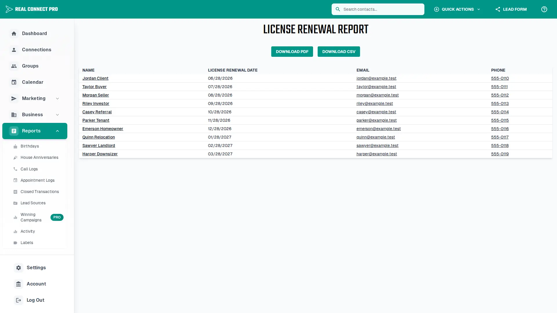 License renewal report showing contacts with upcoming renewals.